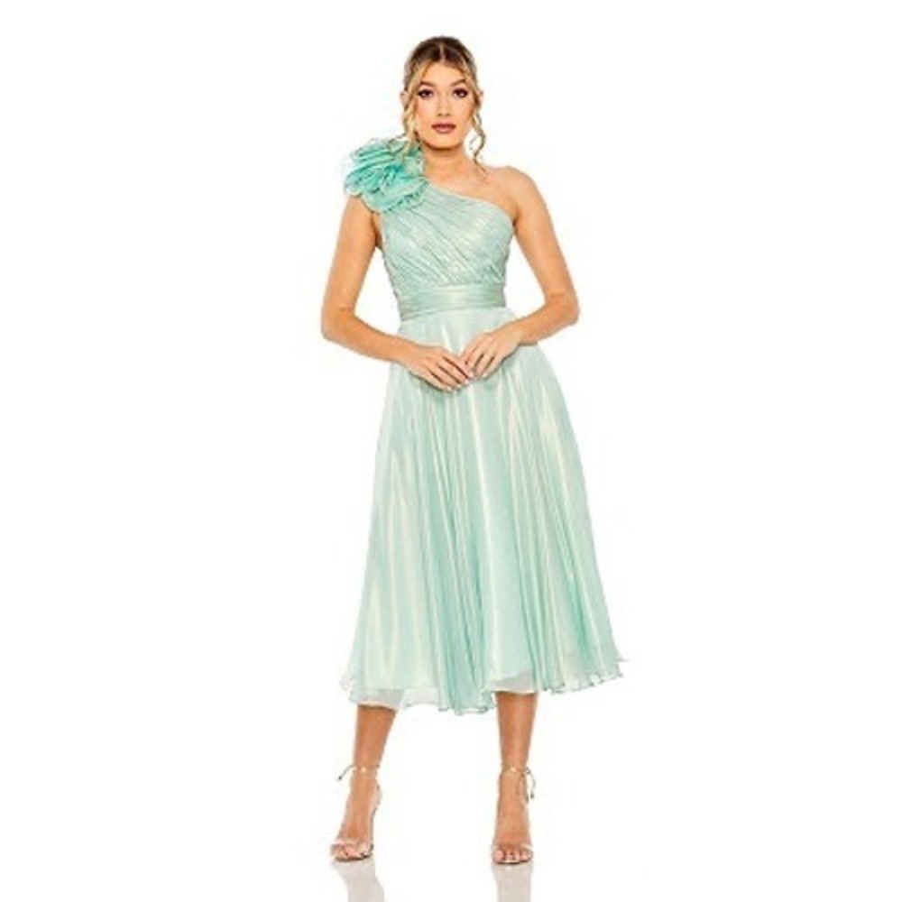 Mac Duggal One Shoulder Floral Ruffle Iridescent Midi Dress Sage Green 70173‎